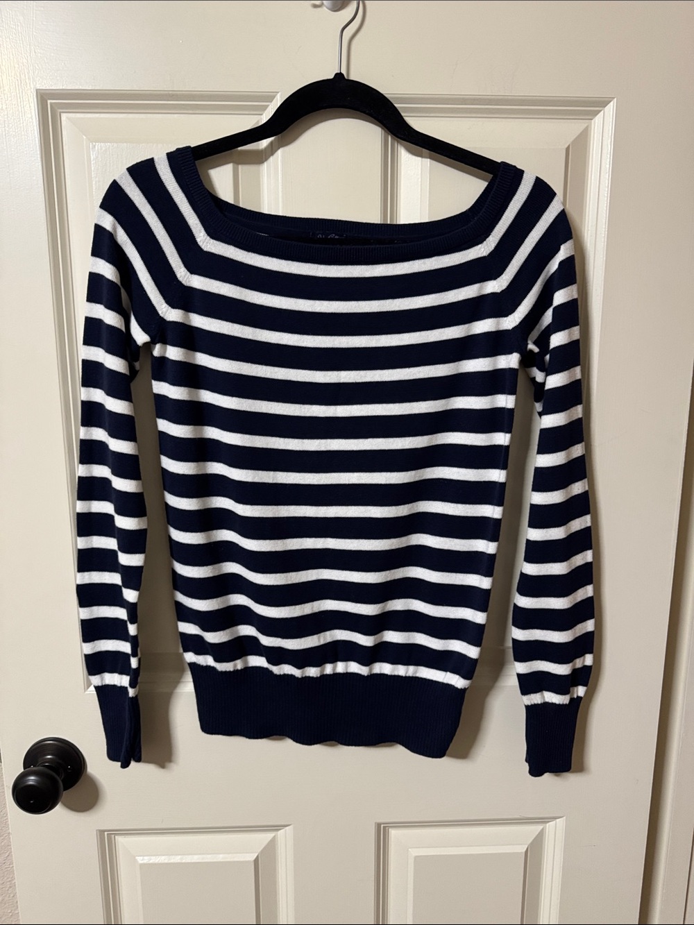 Brandy Melville (John Galt) Navy and White Striped Wide-neck Sweater